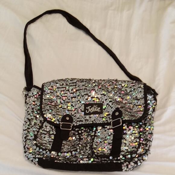 Justice Black and Silver Crossbody Bag. Sparkle, Sequins, School - Picture 1 of 8